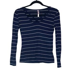 Love Charm Striped Long Sleeve Top Small Navy White Criss Cross Neck